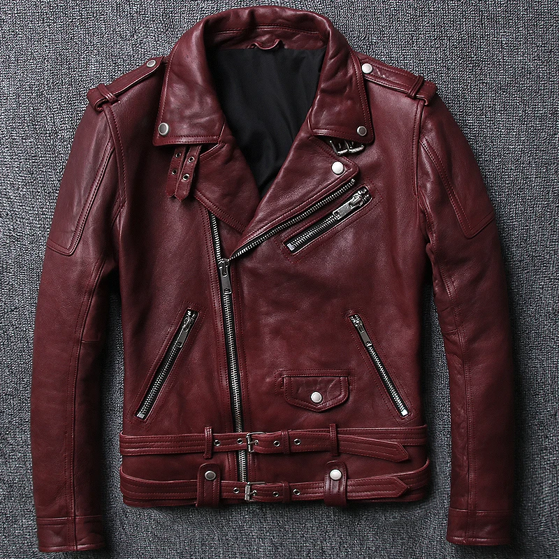 5 days arrival,Men's Genuine Leather Motorcycle Jacket Brand Tanned Vintage Sheepskin Oblique Zipper Biker Jackets Retro Coat