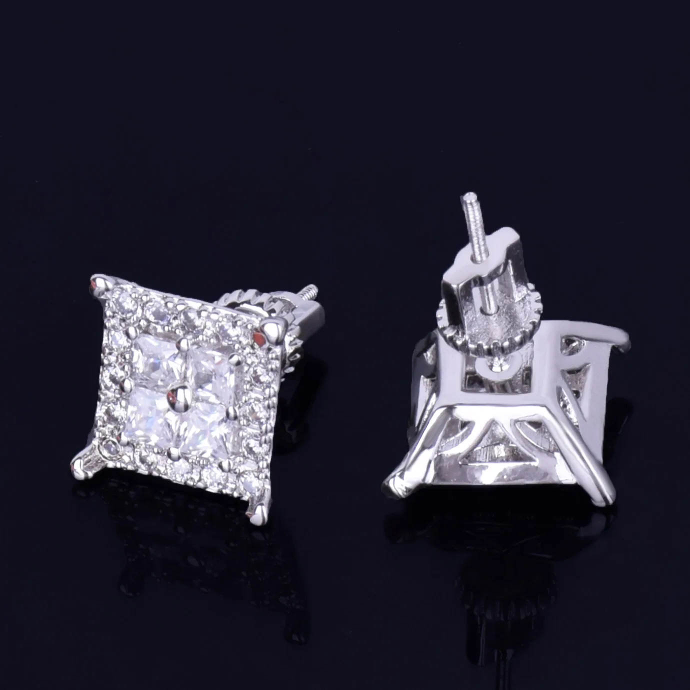 12MM Square Baguette Zircon Stud Earring Silver Color Charm Screw Back Women Men\'s Earrings Fashion Hip Hop Jewelry