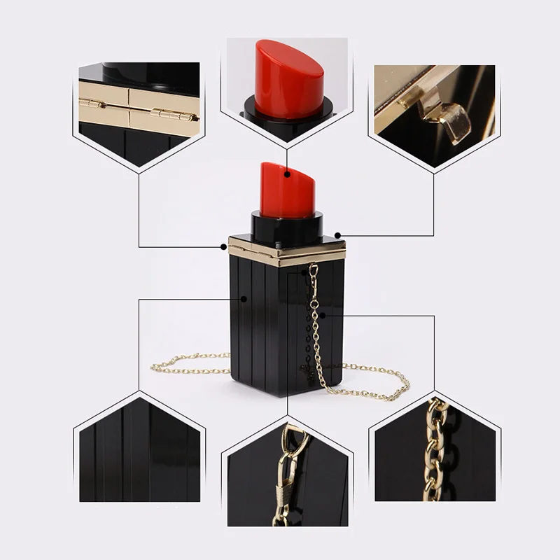 2023 New Women Acrylic Lipstick Shape Chain Evening Bag Vintage Party Purse Handbag Cross-body Shoulder Bag Female Clutches