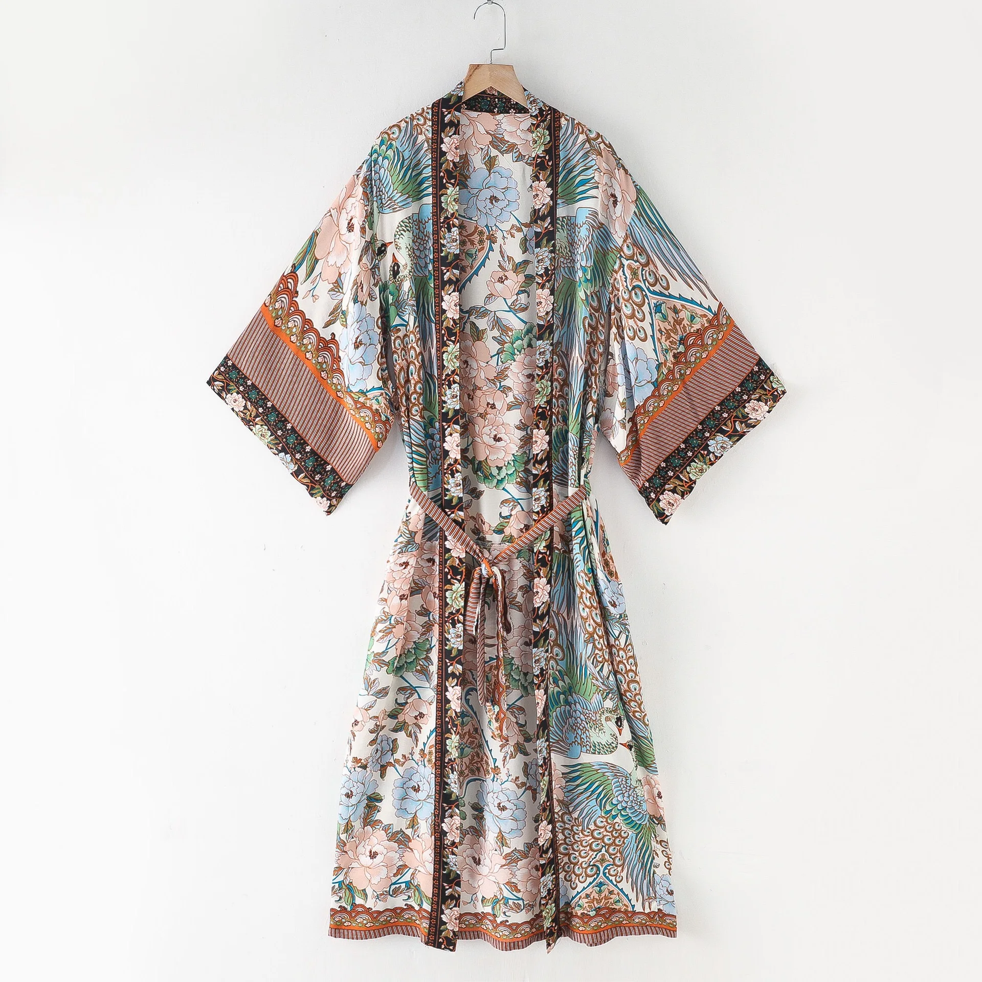 Bohemian V neck Peacock Flower Print Long Kimono Shirt Ethnic Lacing up With Sashes Long BOHO Cardigan Tie Bow Blouse Tops