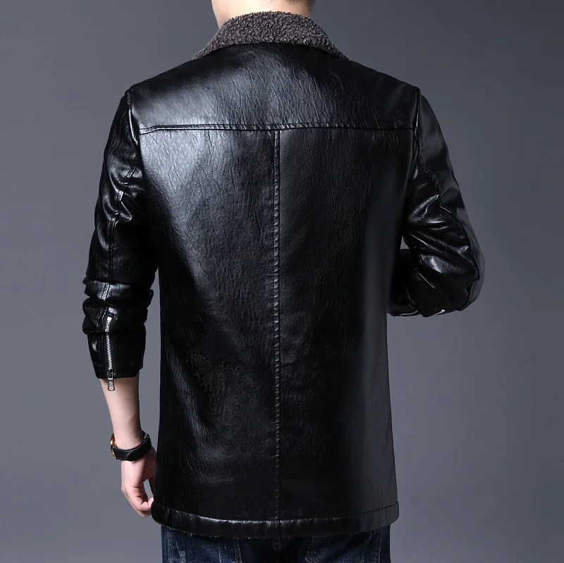 Leather Jacket Men Think Fleece Turn Down Collar Faux Fur Coat Men Lamb Cashmere PU Leather Coat Men Faux Leather Plus Size