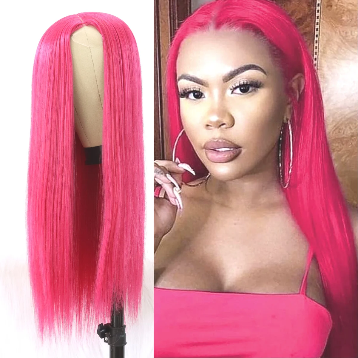 SALLYWELL Long Straight Hair Raspberry Pink Color Natural Hair Line  Lace Wigs for Fashion Women Heat Resistant Synthetic