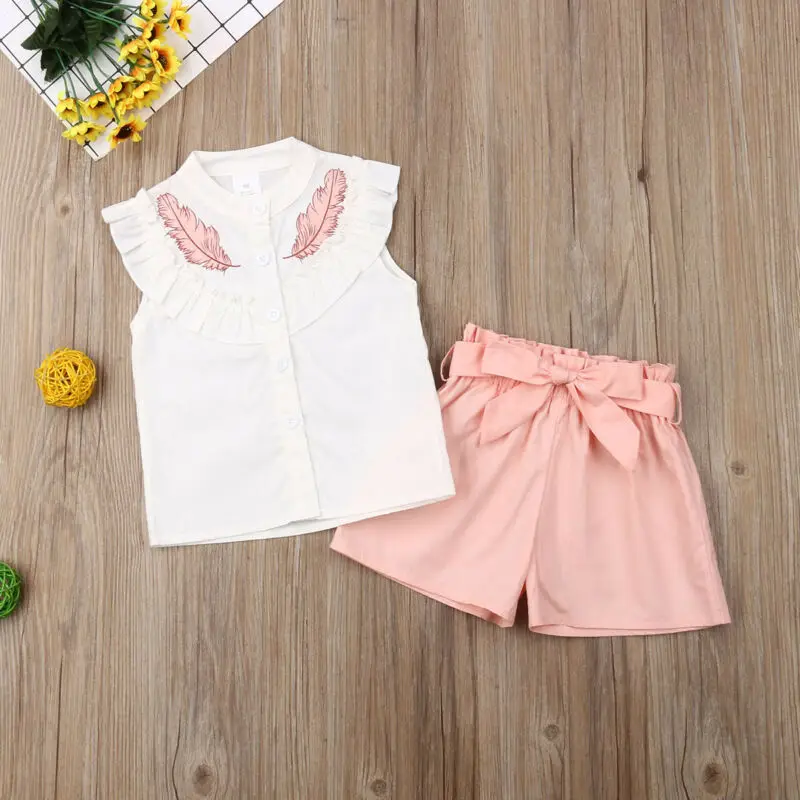 Summer Kid Baby Girls Feather Clothes Sets Sleeveless Tops Bandage Shorts 2Pcs Outfits Fashion Clothing 2-6Years