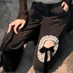 Gothic Hollowed Out Bow High Wais Jeans Women Sweeet Stitching Straight Wide Leg Denim Pants Lady Vintage Ruffles Loose Trousers