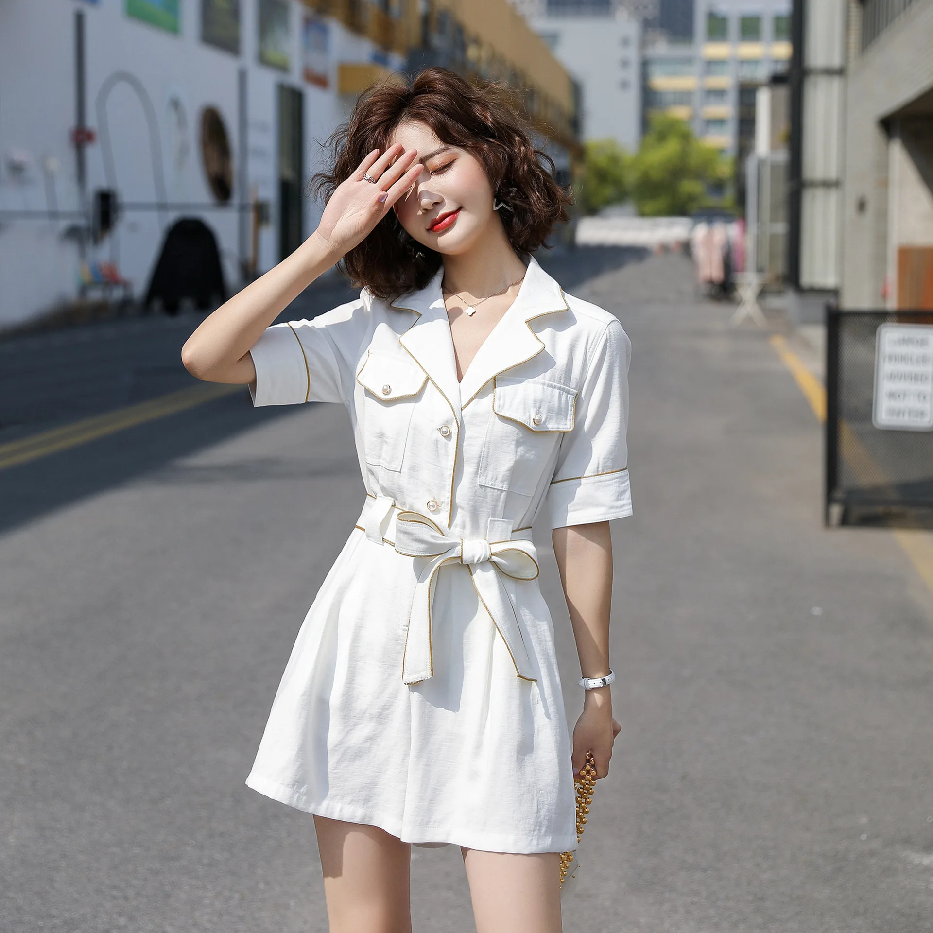 

New Short Sleeve Jumpsuit Playsuit for Women 2021 Summer Buttons Belt Safari Style Elegance Woman Ladies Casual Short Romper