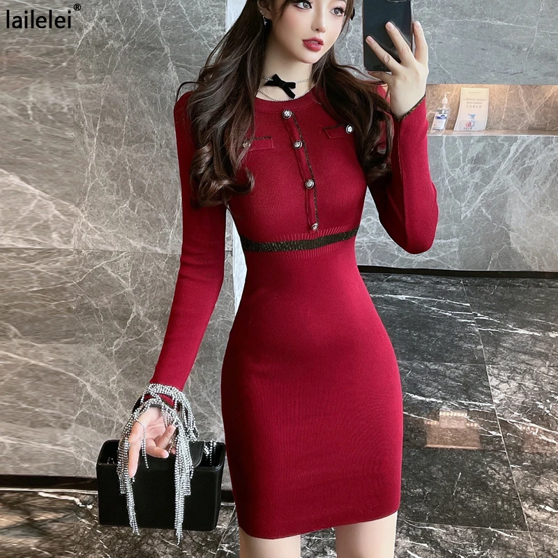 Button Bodycon O-Neck Short Sleeve Knitted Dress Women Elegant Party korean Fashion Office Lady Summer Sundress 2021 Robe Femme