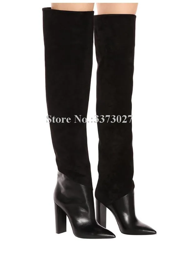 

Lady Black Leather Suede Over the Knee Boots Fashion Pointed Toe Chunky Heel Women Long Boots New Sexy Large Size Winter Boots