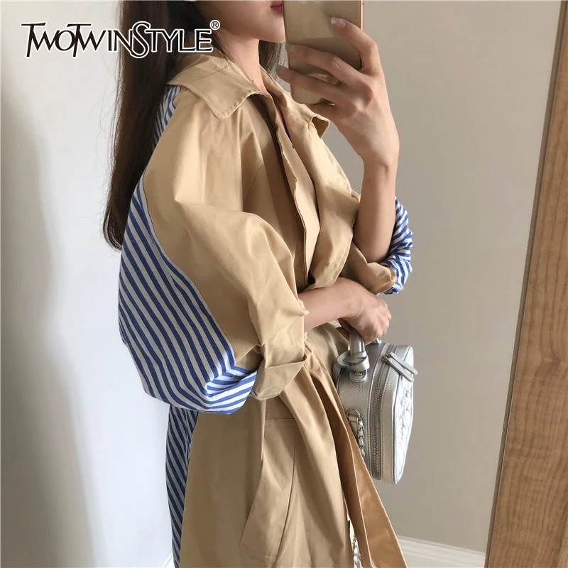 

TWOTWINSTYLE Korean Hit Color Windbreaker For Women Lapel Long Sleeve Sashes Print Striped Casual Windbreakers Female Fashion