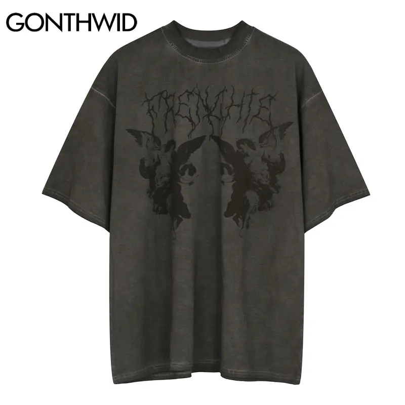 GONTHWID Tshirts Streetwear Vintage Painting Print Punk Rock Gothic Tees Shirts Hip Hop Fashion Summer Casual Loose Cotton Tops