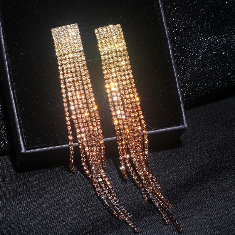 New Elegant Crystal Tassel Long Earrings for Women Shiny Rhinestone Drop Dangle Earrings Wedding Party Big Earrings Jewelry Gift