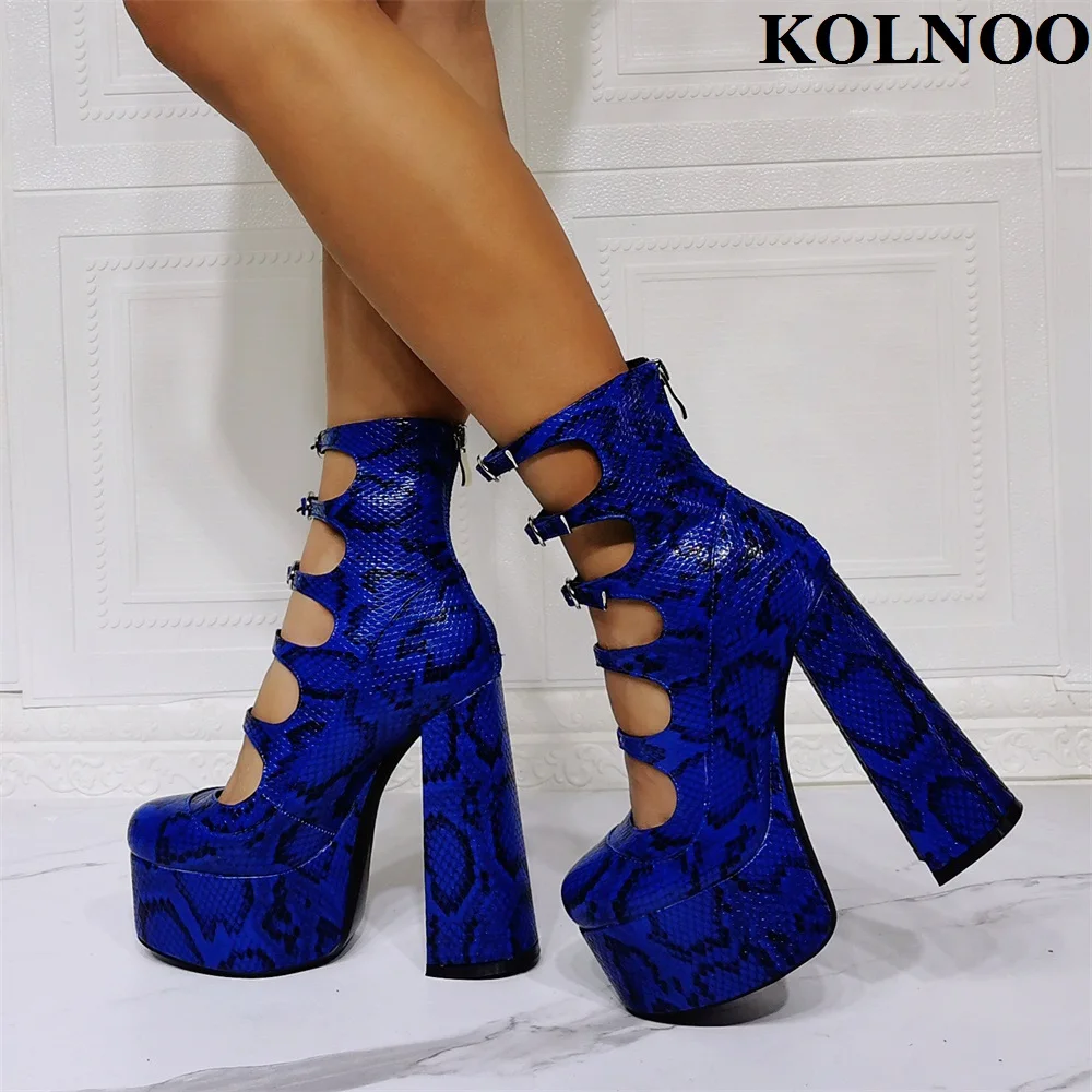 Kolnoo New 2022 Women Handmade Chunky Heel Pumps Faux Snake Leather Party Prom Sexy Evening Platform Fashion Court Blue Shoes