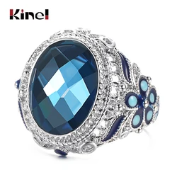 Kinel Chinese Style Colorful Enamel Ring for Women Fashion Tibetan Silver Blue Glass Stone Ring Vintage Jewelry Wholesale