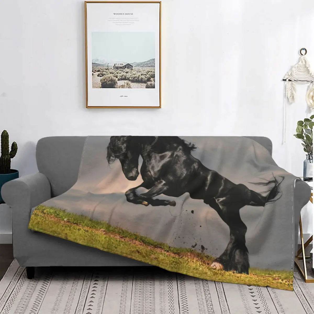 Black Horse Animal Blanket Galloping Horses Lovers Flannel Vintage Warm Throw Blankets for Home Textile Decor