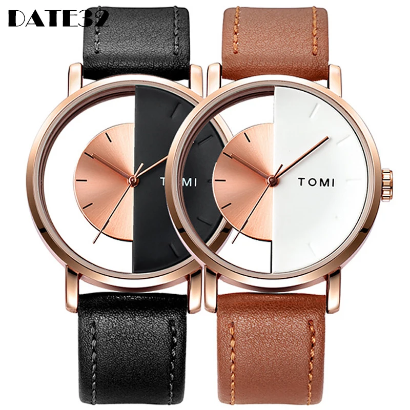 Relojes de cuarzo para hombre y mujer, reloj de pulsera de cuero con diseño creativo y medio transparente, diseño de moda único, Unisex, venta al por mayor