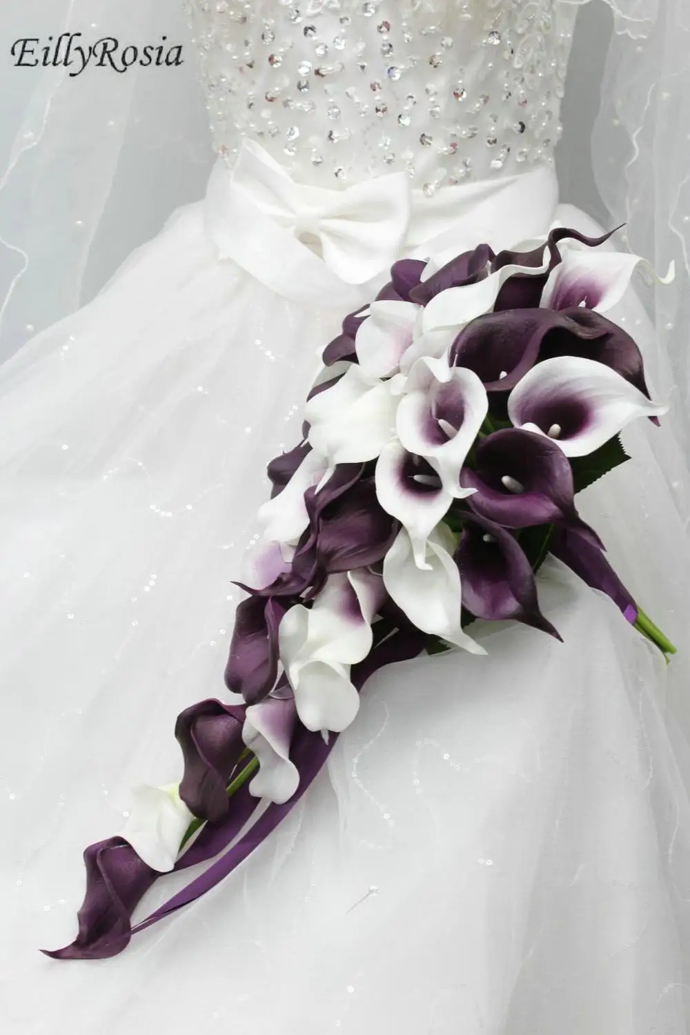 Eillyrosia buquê de flores artificiais, branco e roxo, para casamento, damas de honra, amarrar na mão, cor personalizada