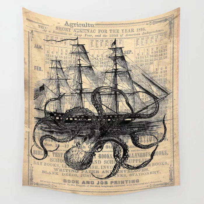 Octopus Kraken attacking Ship Antique Almanac Paper Tapestry Wall Hanging Tapestries Dorm Wall Art Home Decor Traveling Camping