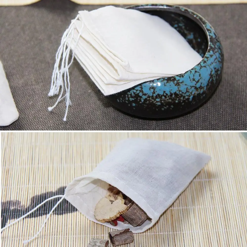 10Pcs Reusable Drawstring Cotton Filter Bags Tea Bag for Herbal Loose Tea Leaves Kitchen Cooking Spice