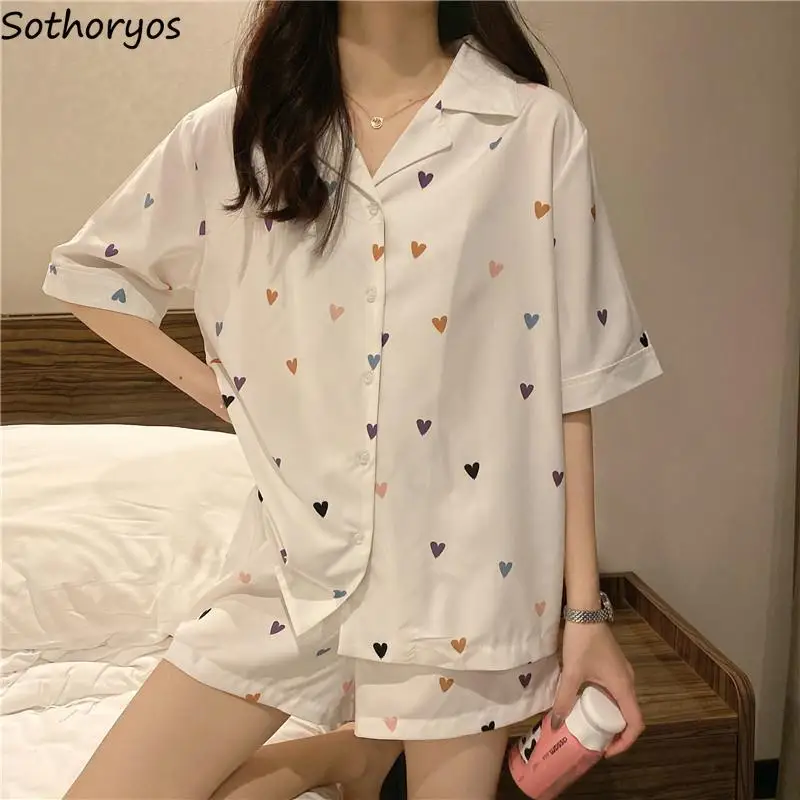 Pajama Sets Women Thin Breathable Heart-print Sleepwear BF Sweet Girls Comfy Loose Lounge Wear Leisure Ins Stylish New Pyjamas