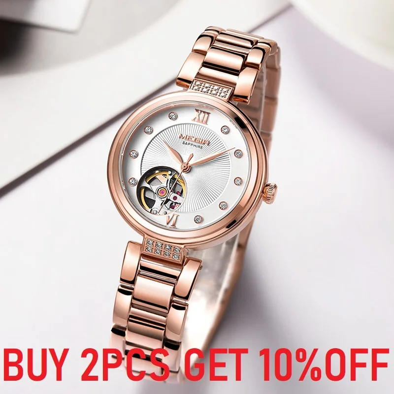 MEGIR Mechanical Women WristWatches Sapphire Crystal Skeleton Automatic Ladies Girls Dress Hour Relogio Femenino Bayan Kol Saati