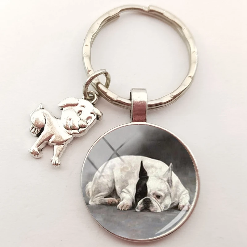 Fashion Bulldog Keychain English Bulldog Keychain Charm Round Handmade Craft Glass Dome Keychain Ladies Bag Keyring