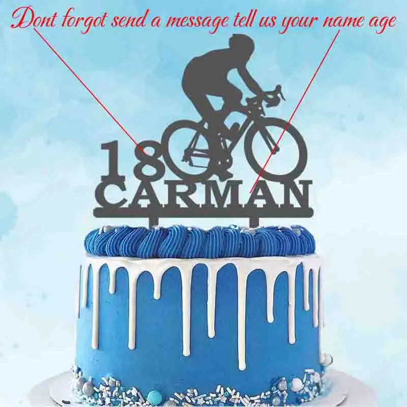 Personalized Bicycle Cake Topper Custom Name Age Man Riding Bike Silhouette For Cyclist Birthday Party Decoration Topper YC024