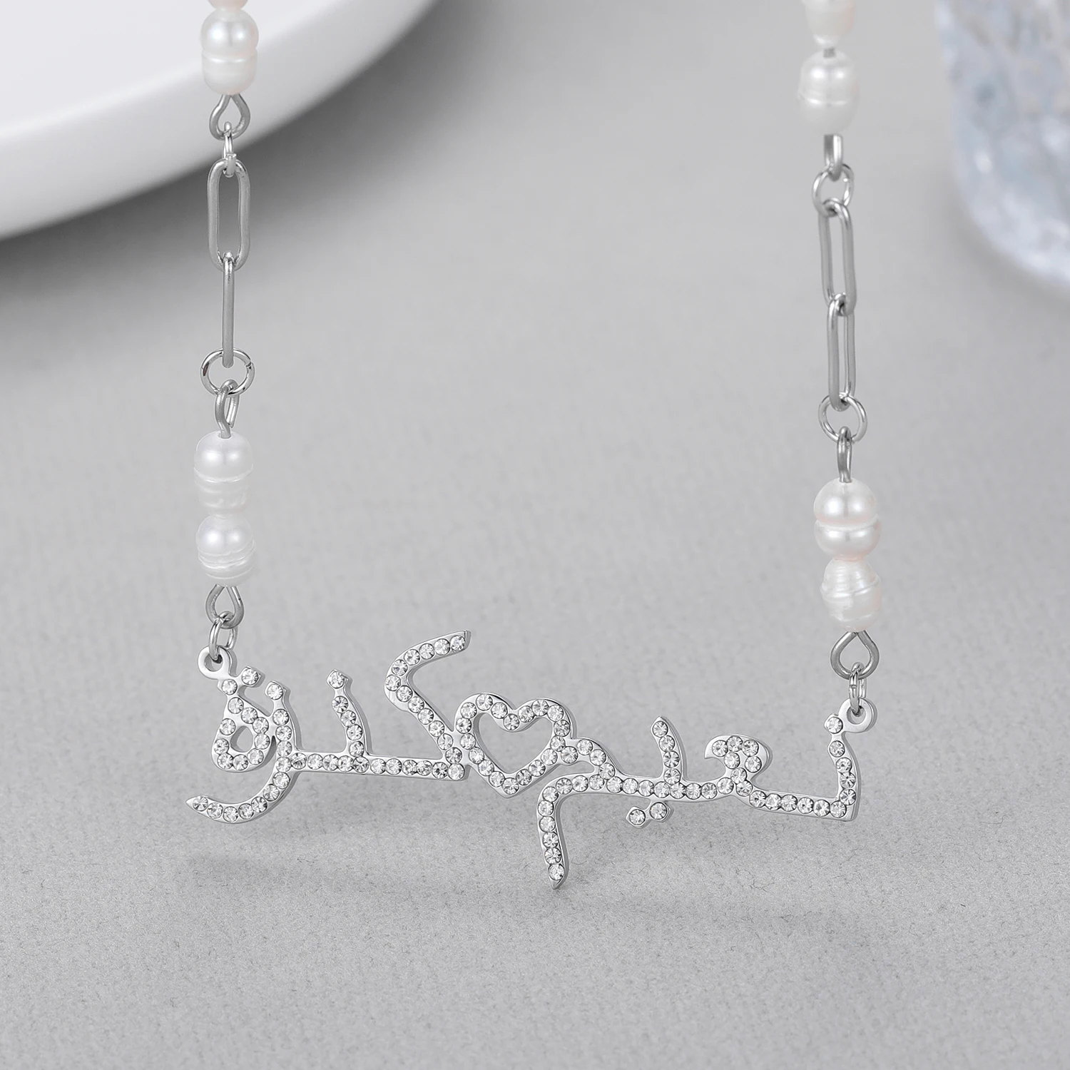 

Customized Arabic Name Diamond Necklace Pearl Chain Personalized Stainless Steel Islamic Necklaces Jewelry Mom Christmas Gifts