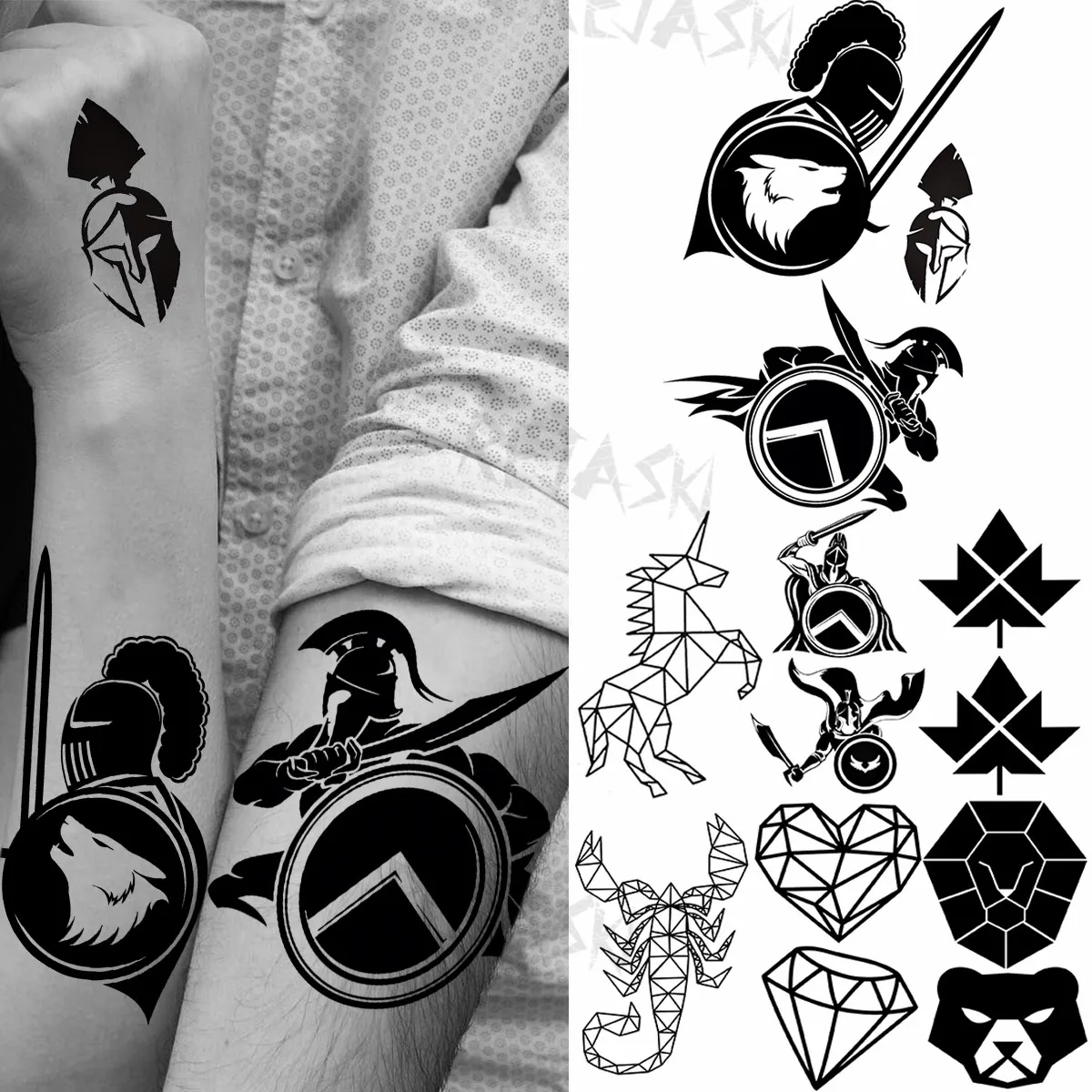 Black Spartan Warrior Temporary Tattoos For Men Adult Geometric Maple Leaf Realistic Fake Animal Tattoo Body Art Washable Tatoos