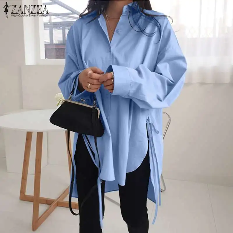 Elegant Shirts Women\'s Asymmetrical Blouse 2023 ZANZEA Casual Lace Up Blusas Female Lapel Neck Button Shirt  Tunic Top