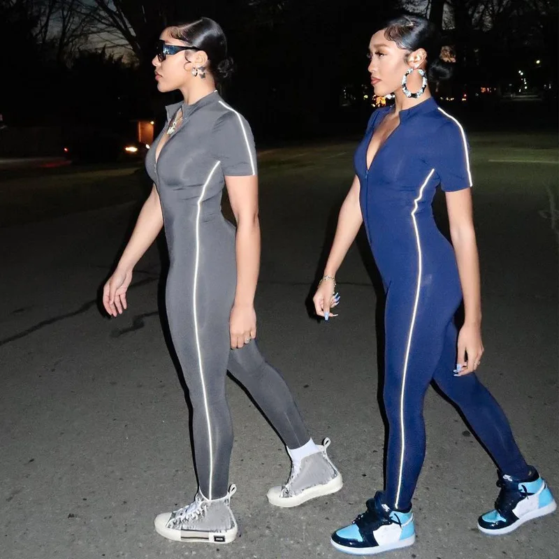 Mono de una pieza con cremallera reflectante para mujer, ropa de manga corta, ropa deportiva ajustada para entrenamiento