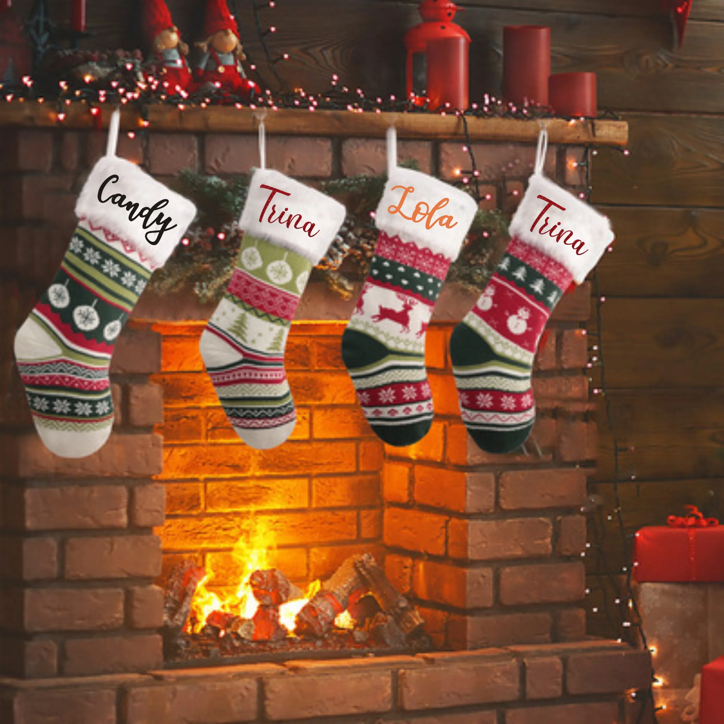 

Personalized Knitted Christmas Stockings Fun Snowflake Family with Pets Cat Mouse Bone Woof Knit Custom Name Stocking