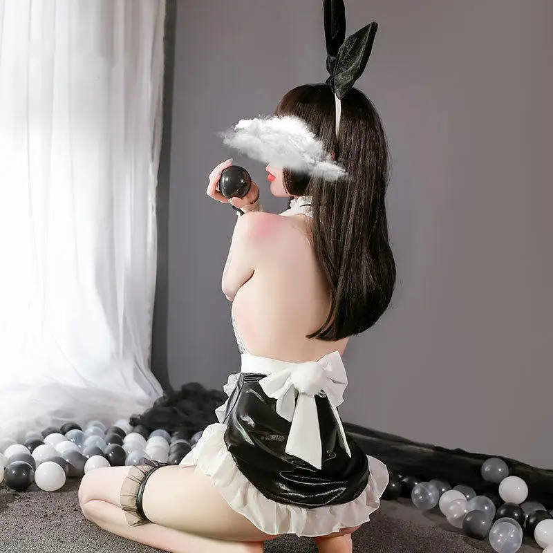 Sexy Lingerie Patent Leather Velvet Rabbit Ears Bunny Girl Apron White Ruffled Decoration Cosplay Maid Uniform Set Temptation