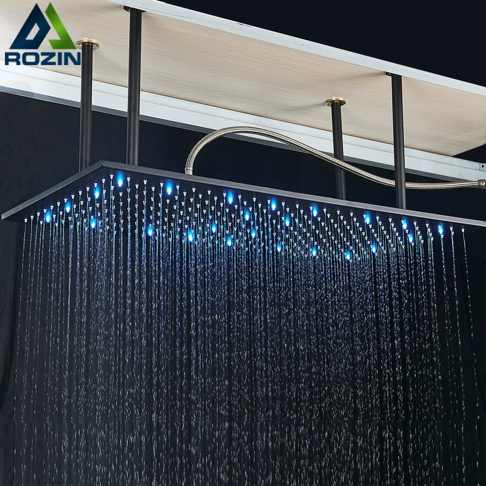 Rozin LED Matte Black Shower Head 40*80cm Large Size Rainfall Shower Heads  Ceiling Mounted with Installation Arm for Bathroom