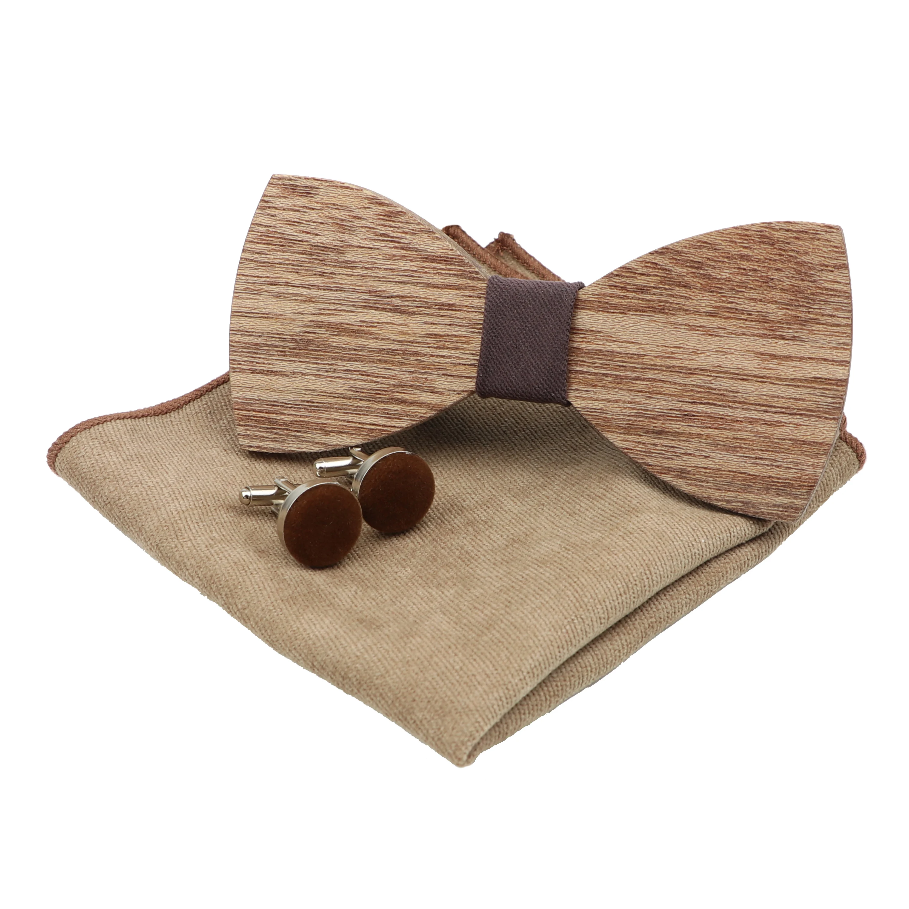 Handmade 100% Wooden Bow Tie Set Soft Microsuede Pocket Square Cufflinks For Men Wedding Party Bowtie Butterfly Hanky 3 pcs Lots