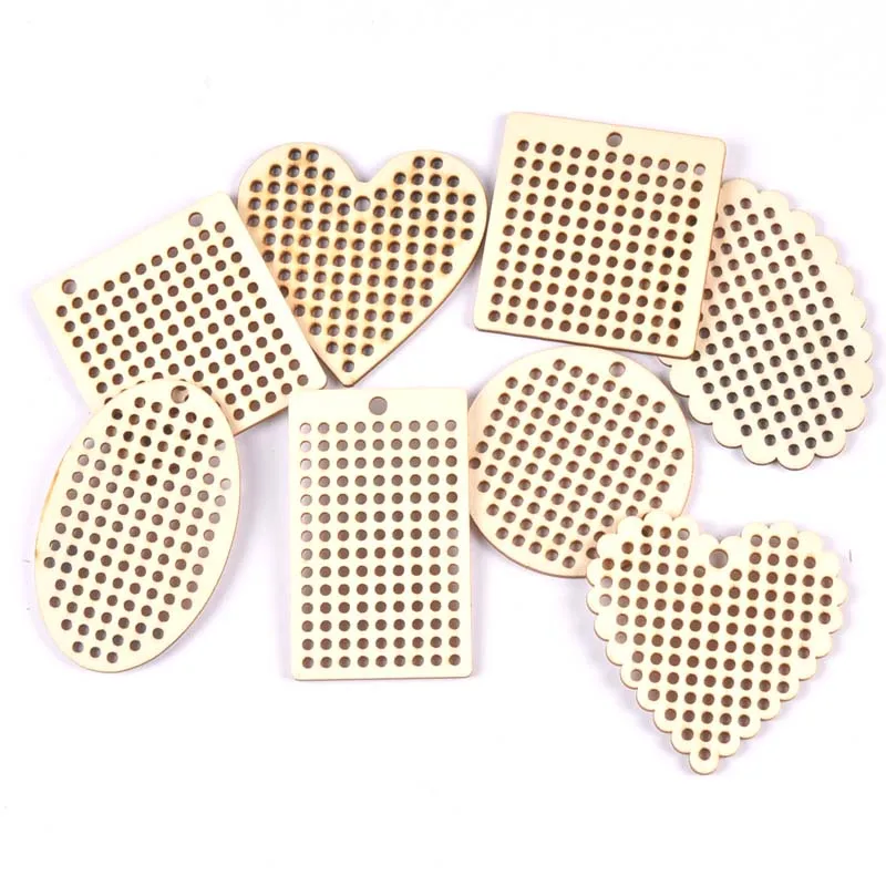 5Pcs Round/Cube Cross Stitch Hole Carving Wooden Pendant Scrapbooking Craft for Handmade Diy Handicraft Decor mt2664