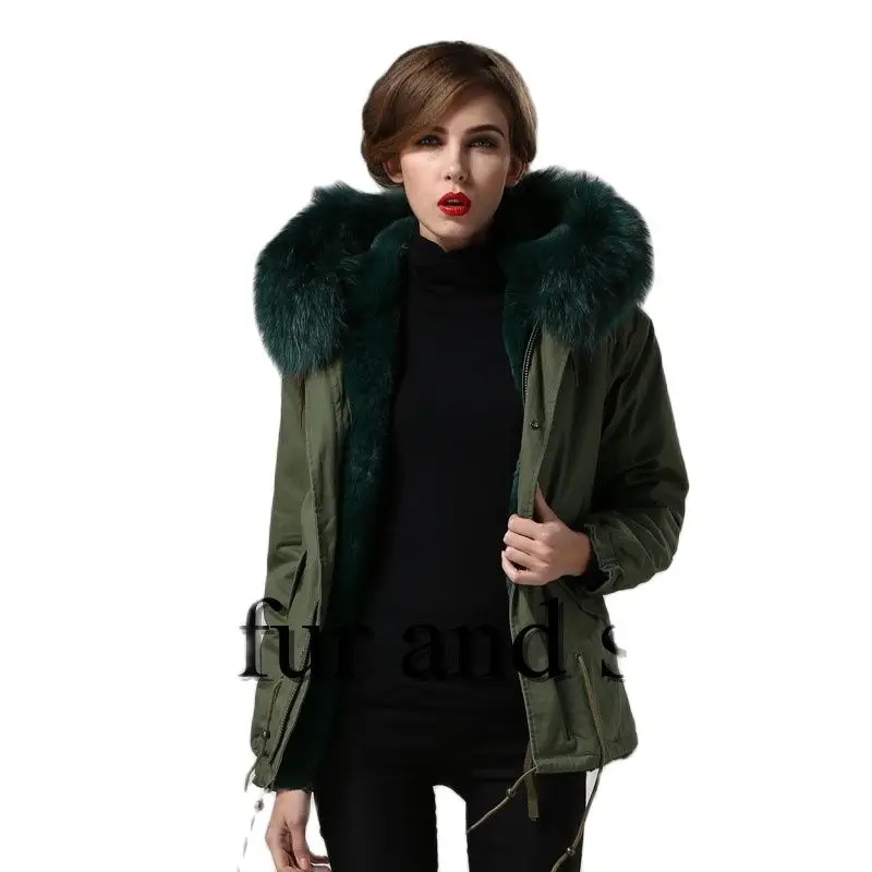 

New Arrival Dark Green Raccoon Fur Hoodies Ladies Faux Fur Parka Thickness Jacket Winter Fashion Overcoat