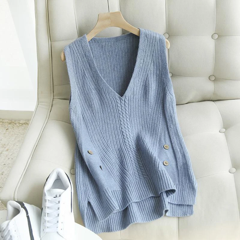 Solid Color V-neck Ribbed Knitted Sweater Vest Female Button Decoration Loose Sleeveless Pullover Sweater Vest Women Spring 2020