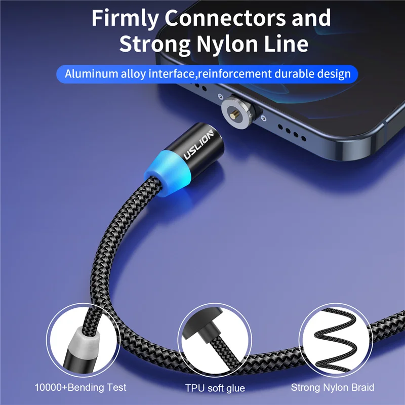 USLION LED Magnetic USB Cable Charging Type C Cable For iPhone 14 11 13 Xiaomi Samsung Magnet Charger Micro 1m 2m Cord Wire