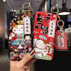 Luxury Embossed Lucky Cat Protection Case for iPhone 11 12 13 ProMax Mini XR XS Wristband Bracket Hanging Decoration Back Cover