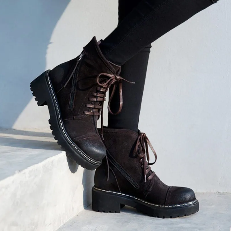 

British Fashion Thick Bottom Lace Up Round Toe Womens Nubuck Boots Harajuku Vintage Motorcycle Side Zipper Platform Cargo Boots