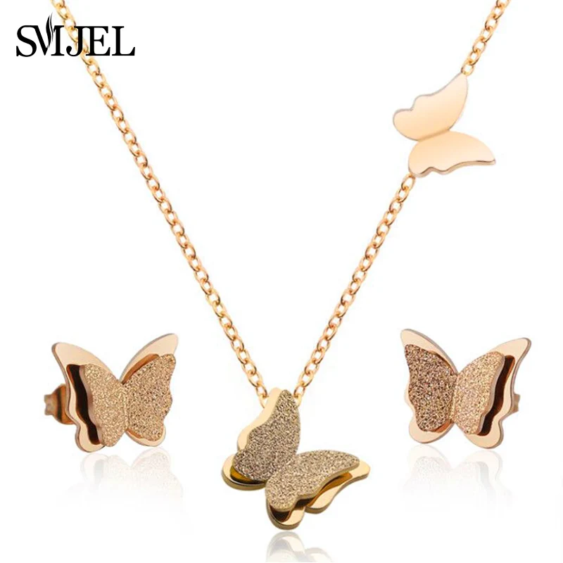 Luxury Stainless Steel Jewelry Sets Romantic Matte Butterfly Necklaces Earrings Animal Choker Wedding Bridal Accessories