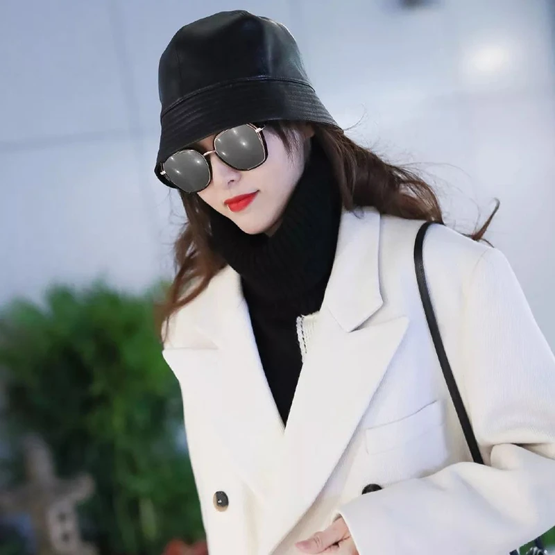 Elegant Fashion Women Caps Genuine Leather Hat Sheepskin Leather Bucket Hats Novelty Women's Trendy Brands Real Leather Cap