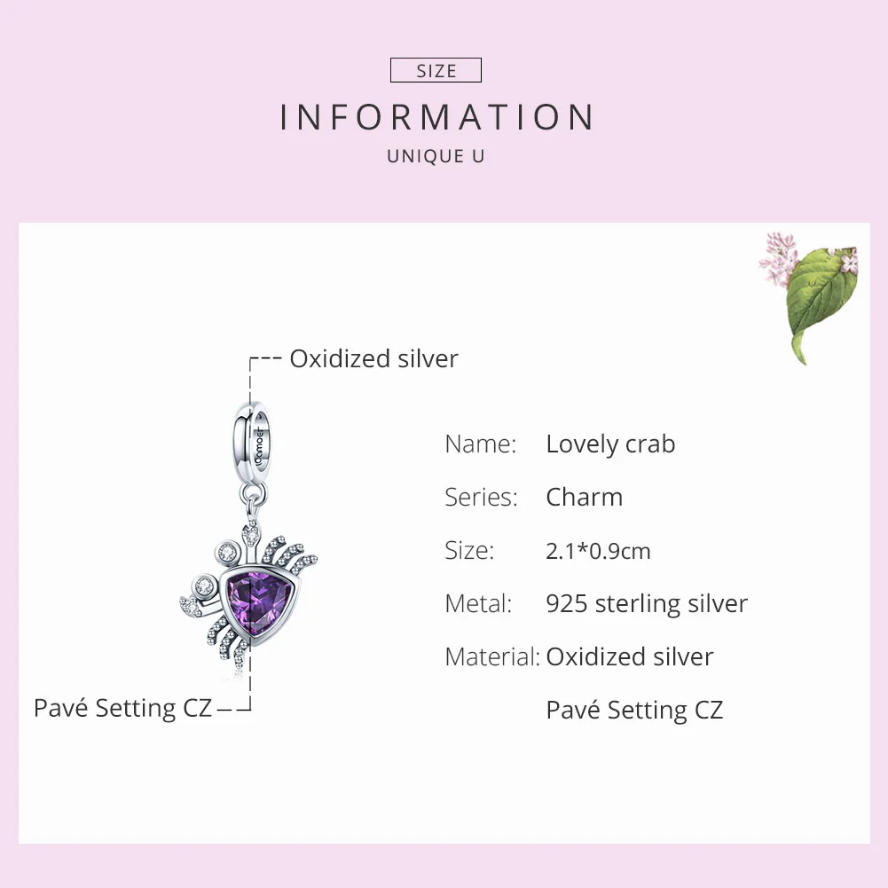 WOSTU 925 Sterling Silver Charms Lovely Crab Bead Purple Pendant Fit Original Bracelet Necklace For Women Jewelry CTC458