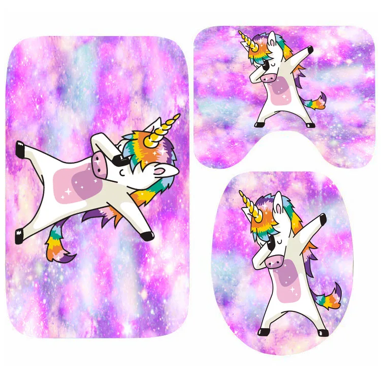 Whimsical Colorful Unicorn Bath Mat Set for Kids Room Galaxy Unicorn Dabbing Bathroom Toilet Mat Carpet for Girl Shower Bathtub