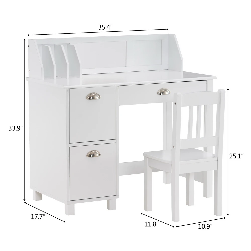 Student Table and Chair Set Kids Study Desk Spray Paint Scratch Resistant Design White Easy Assemble90x46.5x81CM[US-Stock]