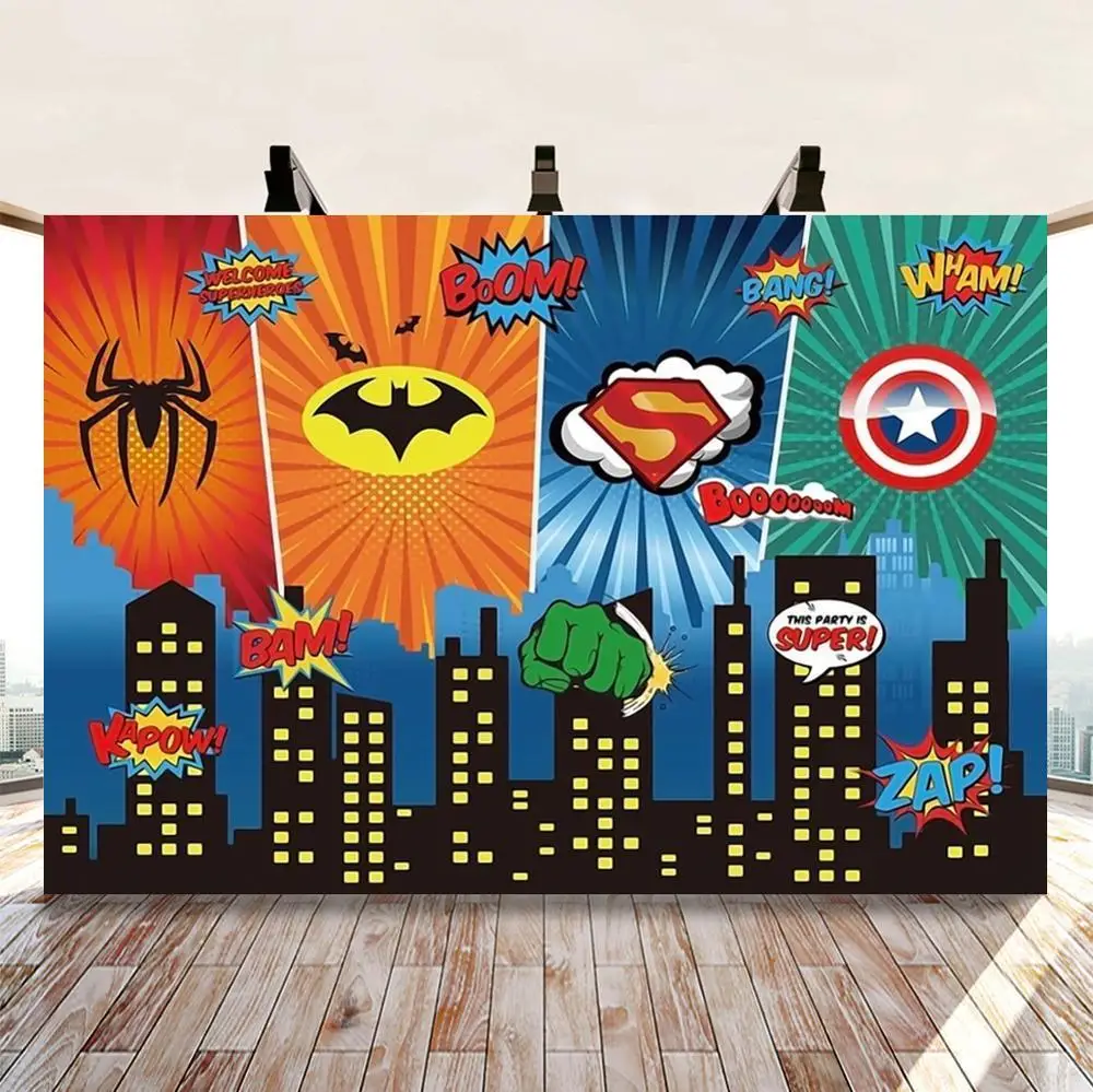 

Comics Superhero City Photography Backdrop Boy Birthday Party Banner Decoration Children Show Photo Background Photocall Props