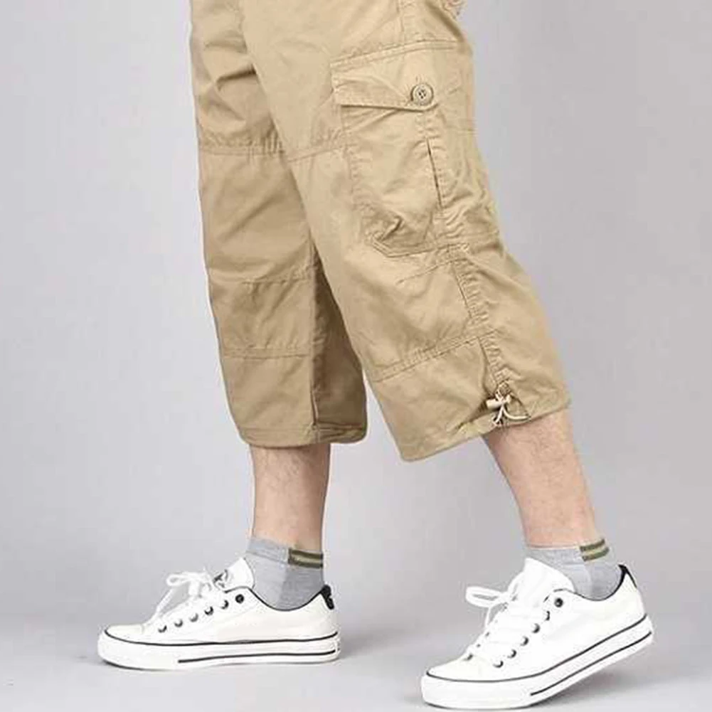 Summer Men\'s Casual Cotton Cargo Shorts Overalls Long Length Multi Pocket Hot breeches Pants Male Cropped Pants