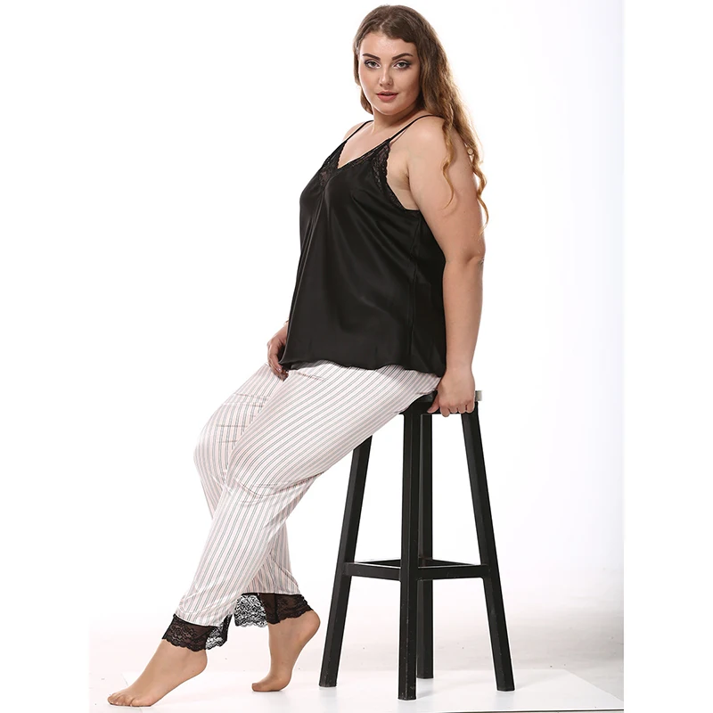 Big Size Sleepwear Female Sexy Lace V-Neck Sling Tops + Striped Long Pants Two-Piece Sets Satin Silk Women Pajama Plus Size 2808