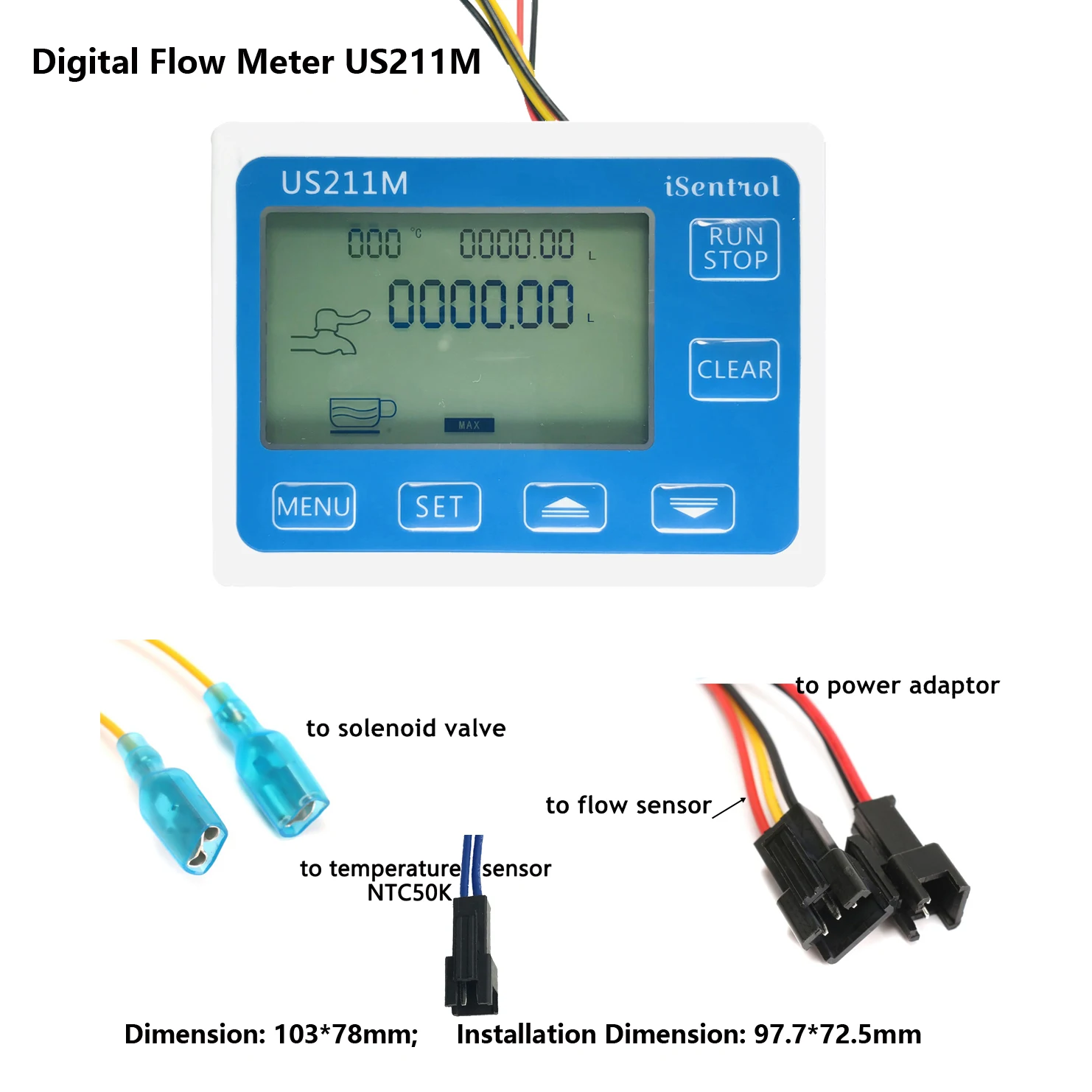 US211M Water Flow Meter Totalizer with G3/4“ SUS304 Stainless Steel USS-HS43TBT 1-30L/min Liquid Meter with Temperature iSentrol