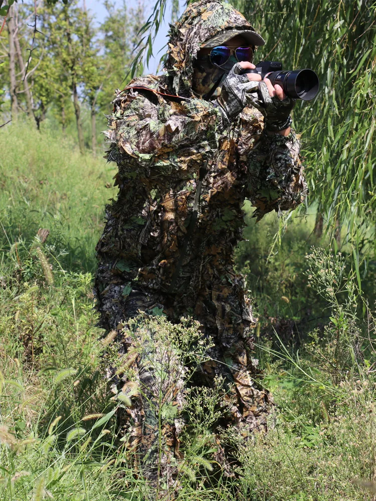 Breathable Polyester 3D Maple Leaves Bionic Camouflage Hunting Suit Ghillie Suit Photography Bird-Watching Suit Training Clothes