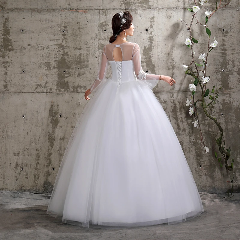 Robe de mariée en dentelle à manches longues, robe de bal brodée en dentelle sur filet, col rond, bon marché, vente en gros, chine, # XXN-115